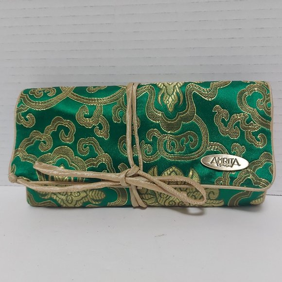 Amrita Singh Silk Travel Jewelry Case Boho Travel Bag Tibetan Green Lotus - Picture 1 of 7